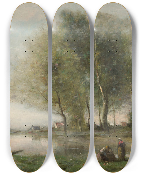 Triptych art skateboard deck of Jeanbaptistecamille Corot Arleuxdunordle Bord Des Clairs by Jean-Baptiste-Camille Corot (1796-1875)