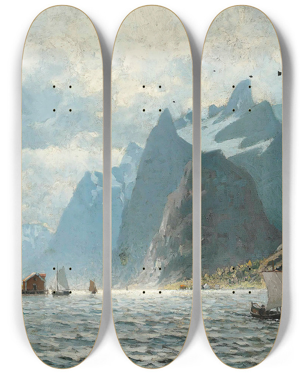 Triptych art skateboard deck of Adelsteen Normann Fishing Vessels On A Norwegian Fjord by Adelsteen Normann (1848-1918)