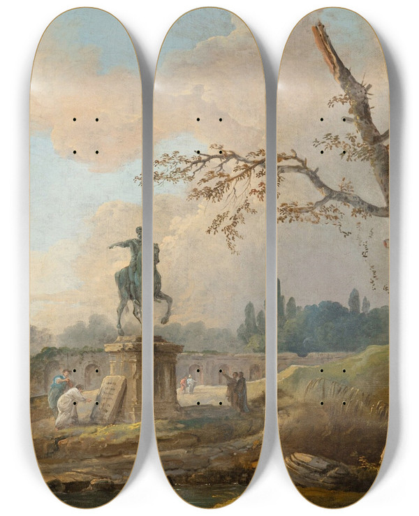 Triptych art skateboard deck of Hubert Robert Landscape With Ruins And The Statue Of Marcus Aurelius by Hubert Robert (1733-1808)