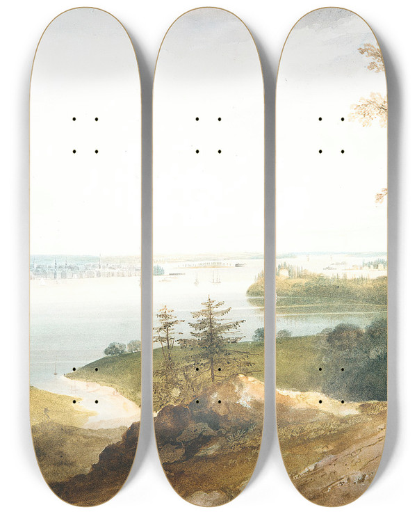 Triptych art skateboard deck of William Guy Wall New York From Weehawk by William Guy Wall (1792-1864)