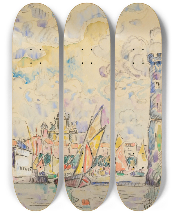 Triptych art skateboard deck of Paul Signac Port De La Rochelle by Paul Signac (1863-1935)