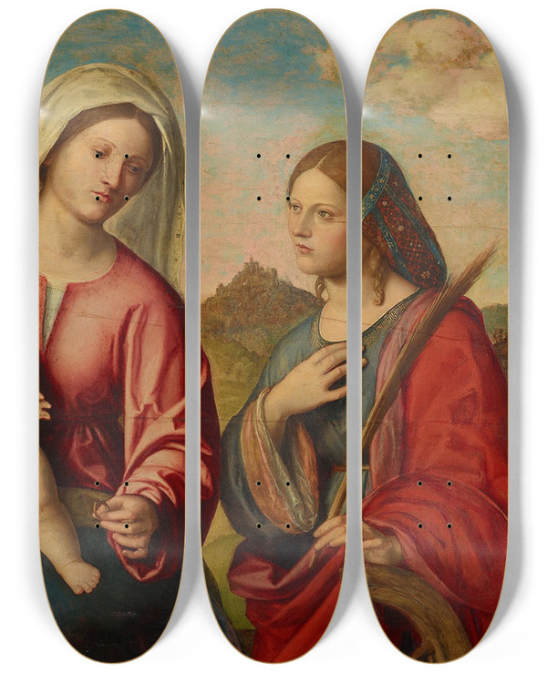Triptych art skateboard deck of Giovanni Battista Cima Da Conegliano Virgin And Child With Ss Catherine And John The Baptist by Giovanni Battista Cima Da Conegliano (1459-1517)