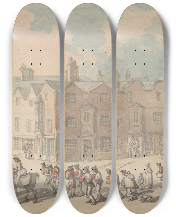 Triptych art skateboard deck of Thomas Rowlandson Soldiers At Exeter by Thomas Rowlandson (1756-1827)