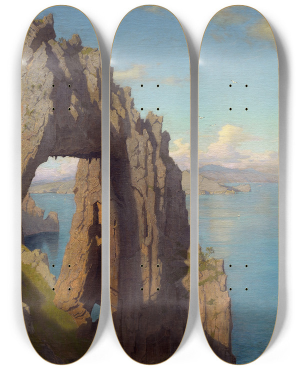 Triptych art skateboard deck of William Stanley Haseltine Natural Arch At Capri by William Stanley Haseltine (1835-1900)