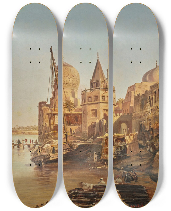 Triptych art skateboard deck of Eugne Flandin The Old Boat Bridge Baghdad by Eugene Flandin (1809-1876)