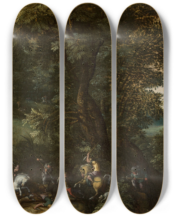 Triptych art skateboard deck of Jacob Grimmer Hunting A Wild Boar by Jacob Grimmer (1525-1590)