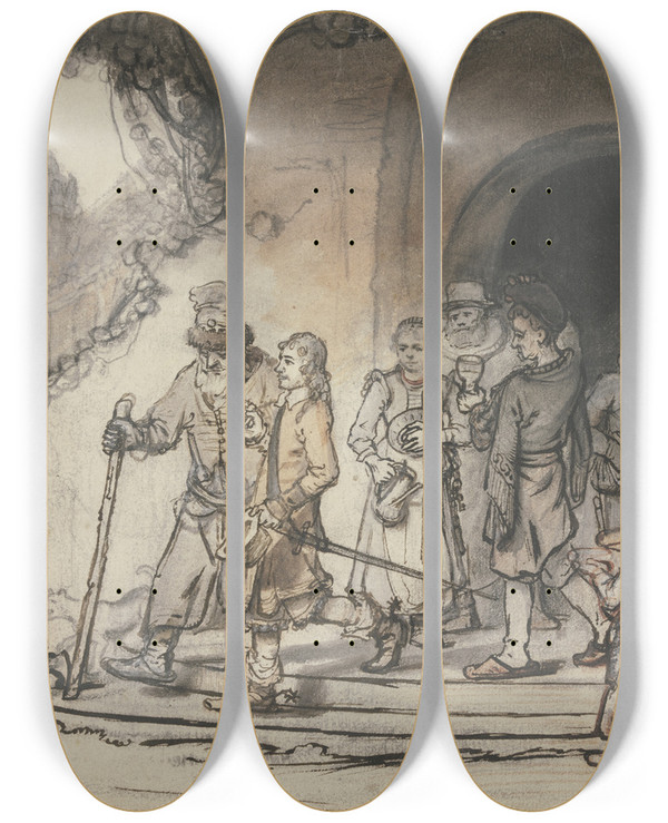 Triptych art skateboard deck of Samuel Van Hoogstraten Ein Junger Mann Gestiefelt Und Gespornt Tritt Begleitet Von Seinem Alten Vater Und Seiner Familie Aus Einem Haus Im Hintergrund Halten Diener Sein Pferd by Samuel Van Hoogstraten (1627-1678)