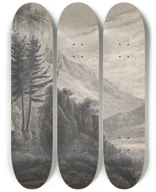Triptych art skateboard deck of Isaac Weld Mountainous Landscape With Inscription To Salomon Gessner Switzerland by Isaac Weld (1774-1856)