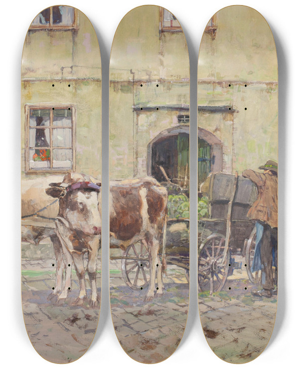 Triptych art skateboard deck of Fritz Lach Krautbauer In Grein An Der Donau by Fritz Lach (1868-1933)