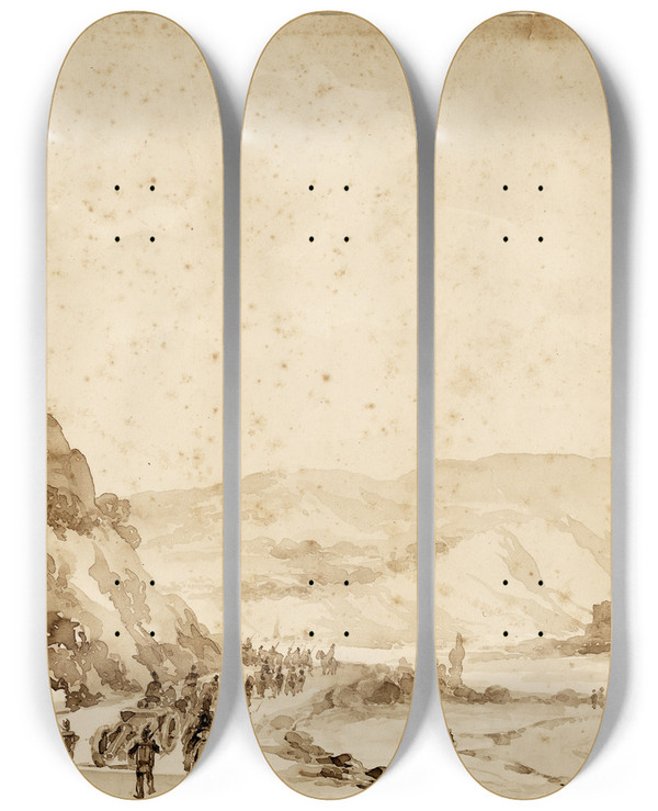 Triptych art skateboard deck of Pieter Van Loon Leger Trekt Langs Een Rivier In Een Vallei by Pieter Van Loon (1801-1873)