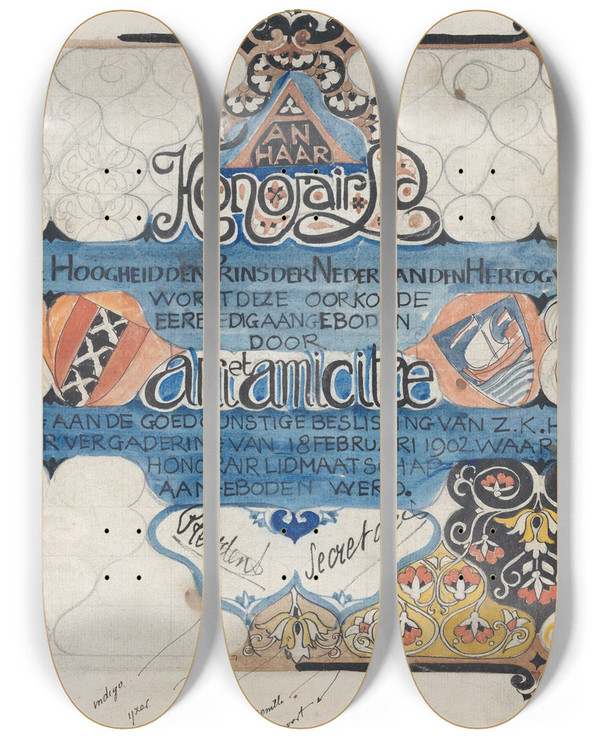 Triptych art skateboard deck of Carel Adolph Lion Cachet Ontwerp Voor Een Oorkonde Van Arti En Amicitiae Voor Prins Hendrik Bij Zijn Erelidmaatschap In 1902 by Carel Adolph Lion Cachet (1864-1945)