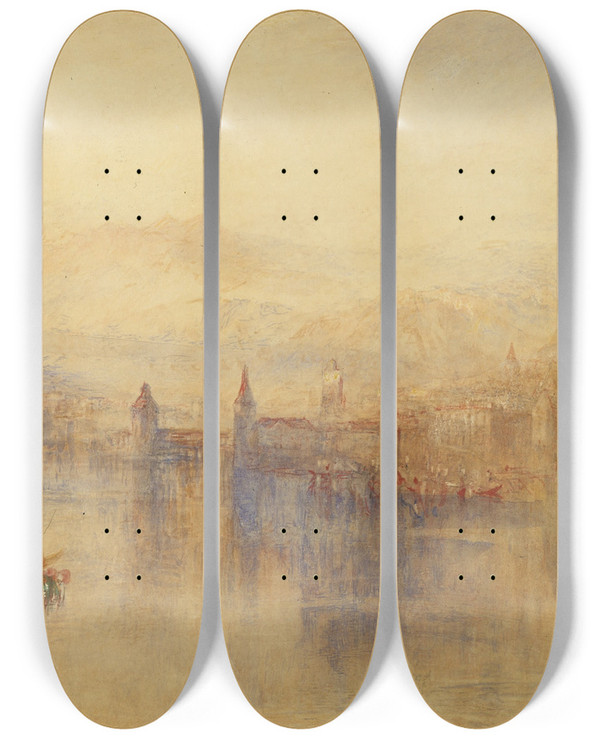 Triptych art skateboard deck of Joseph Mallord William Turner Lucerne From The Lake by Joseph Mallord William Turner (1775-1851)