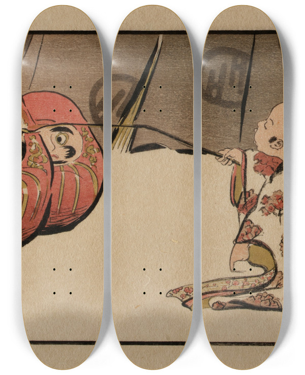 Triptych art skateboard deck of Helen Hyde Teasing The Daruma by Helen Hyde (1868-1919)