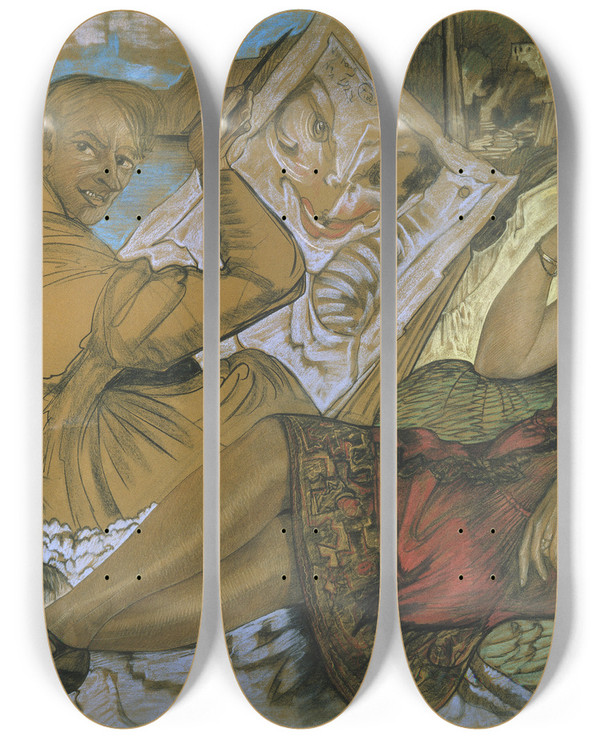 Triptych art skateboard deck of Stanisaw Ignacy Witkiewicz Womans Duplicity Selfportrait With A Portrait Of Maryla Grossmanowa by Stanislaw Ignacy Witkiewicz (1885-1939)
