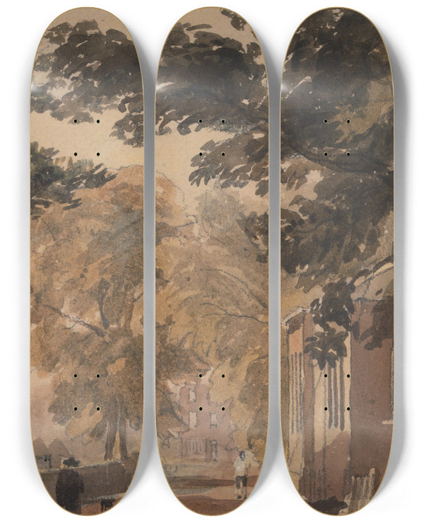 Triptych art skateboard deck of David Cox A Street In Harborne by David Cox (1783-1859)