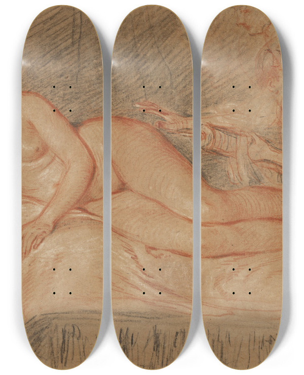 Triptych art skateboard deck of Jeanantoine Watteau The Remedy by Jean-Antoine Watteau (1684-1721)
