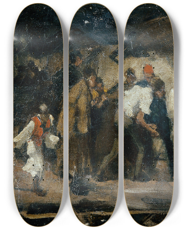 Triptych art skateboard deck of Mihly Munkcsy Ungarische Dorfszene by Mihaly Munkacsy (1844-1900)