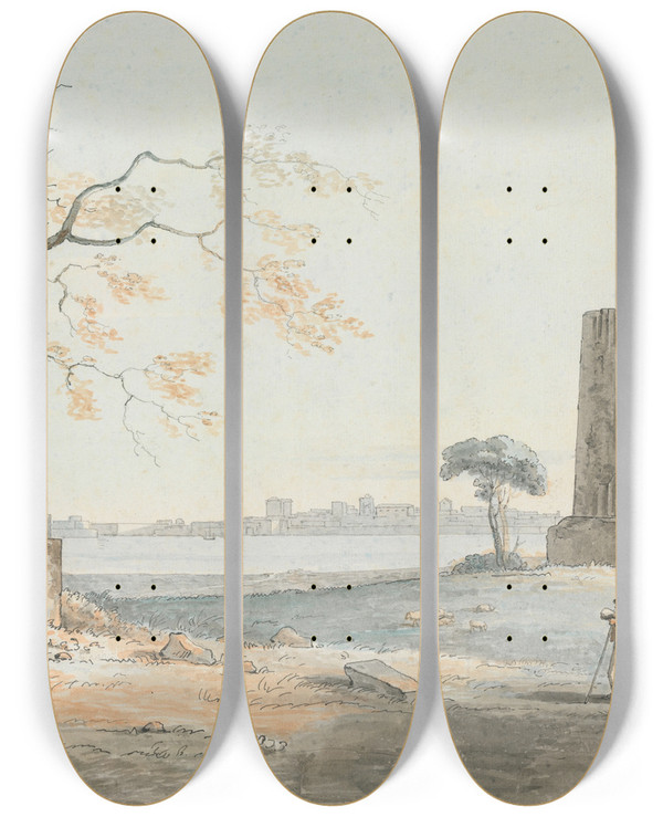 Triptych art skateboard deck of Henry Tresham Remains Of The Temple Of Olypian Jove With A View Of Ortygia Syracuse by Henry Tresham (1750-1814)