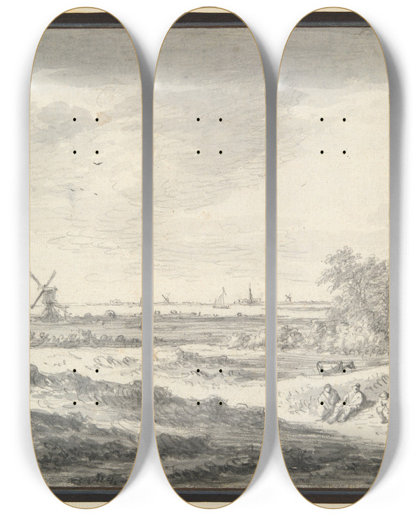 Triptych art skateboard deck of Jan Van Goyen View Of A River With Dunes Inforeground by Jan Van Goyen (1596-1656)