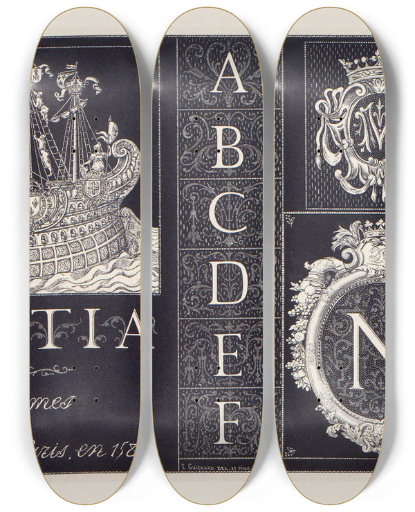 Triptych art skateboard deck of Douard Guichard Les Petits Alphabets Du Brodeur Pl15 by douard Guichard (1815-1889)