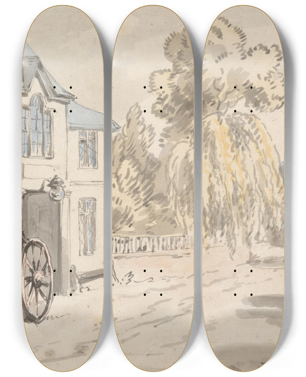 Triptych art skateboard deck of Samuel Howitt Riders Outside An Inn by Samuel Howitt (1756-1822)