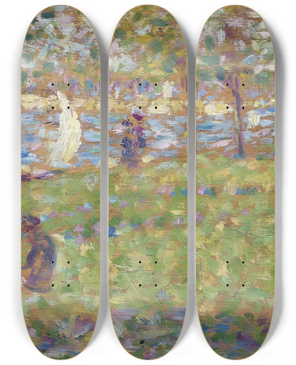 Triptych art skateboard deck of Georges Seurat Study For La Grande Jatte by Georges Seurat (1859-1891)