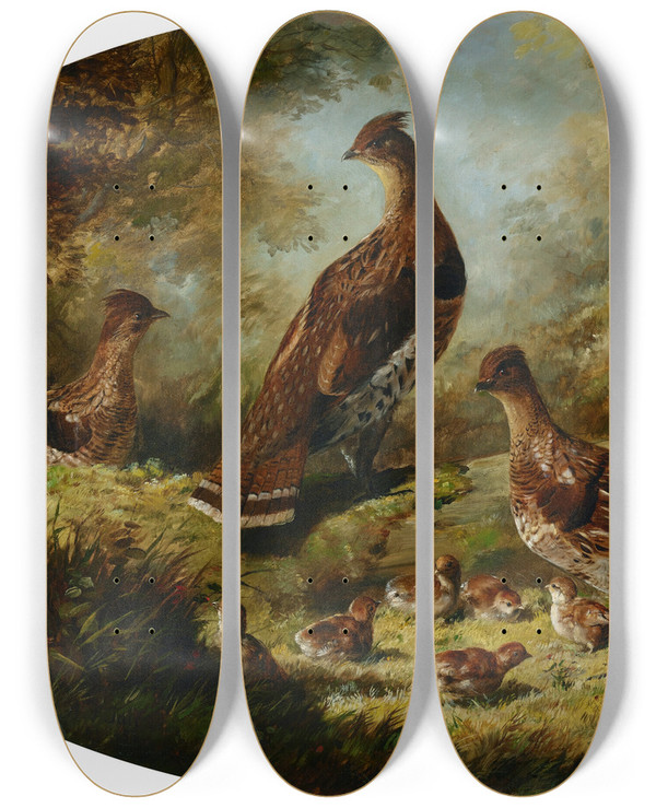 Triptych art skateboard deck of Arthur Fitzwilliam Tait Grouse Family by Arthur Fitzwilliam Tait (1819-1905)