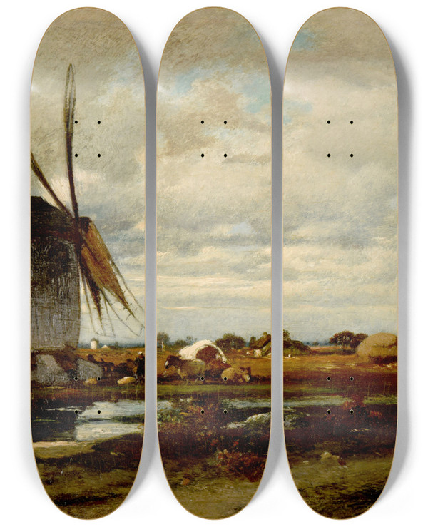 Triptych art skateboard deck of Jules Dupr Les Moulins Vent by Jules Dupre (1811-1889)