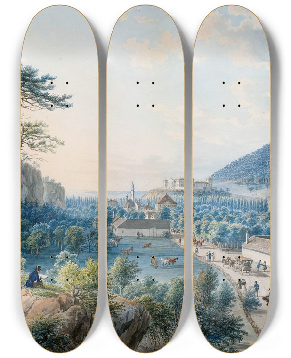 Triptych art skateboard deck of Tobias Raulino Blick Auf Schloss Weilburg by Tobias Raulino (1787-1838)