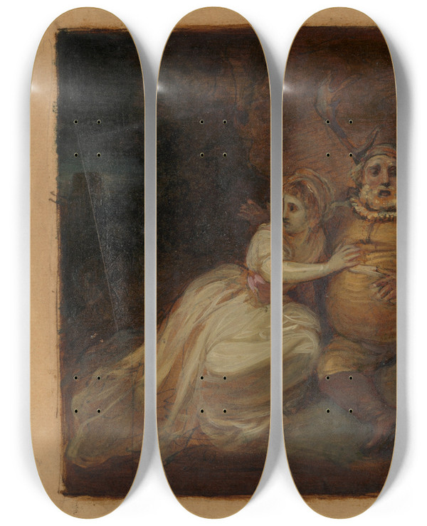 Triptych art skateboard deck of Robert Smirke Falstaff At Hernes Oak by Robert Smirke (1752-1845)
