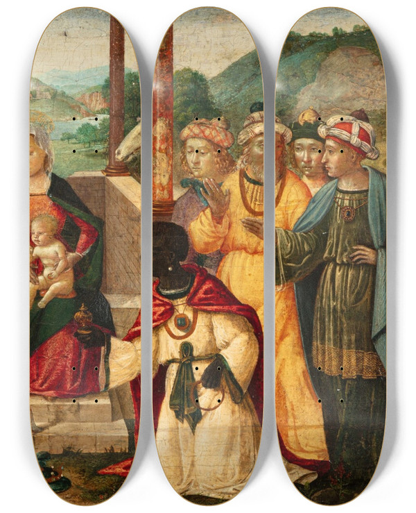 Triptych art skateboard deck of Pseudogranacci The Adoration Of The Magi by Pseudo-Granacci