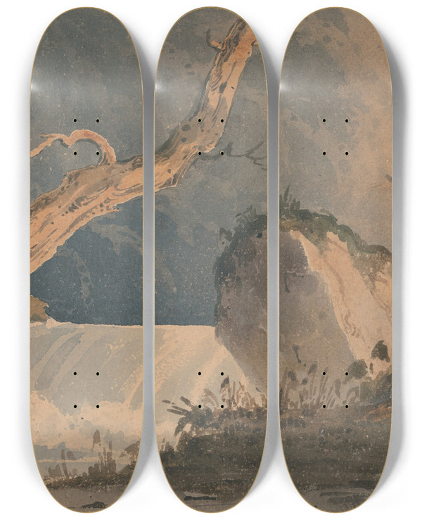 Triptych art skateboard deck of John Sell Cotman Waterfall In A Desolate Landscape_2 by John Sell Cotman (1782-1842)