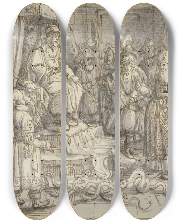 Triptych art skateboard deck of David Vinckboons Moses And Aaron Before Pharaoh by David Vinckboons (1576-1629)