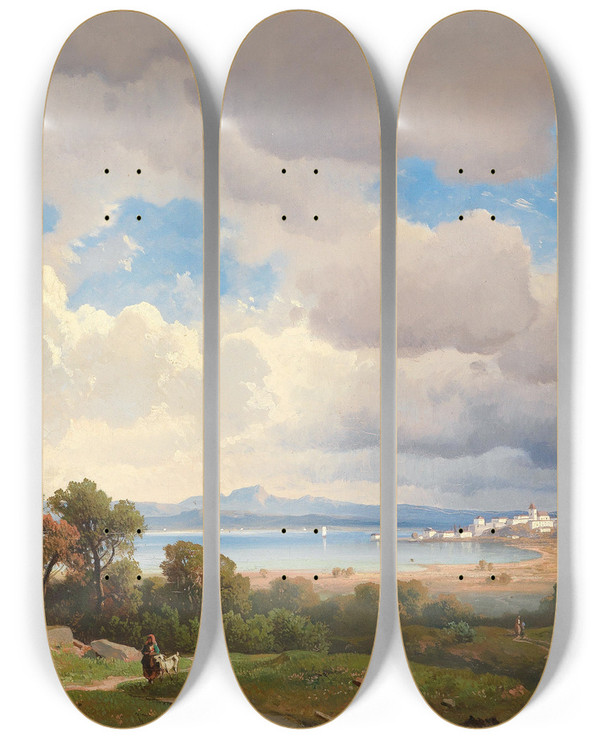 Triptych art skateboard deck of Josef Mayburger Ansicht Des Ammersees by Josef Mayburger (1814-1908)