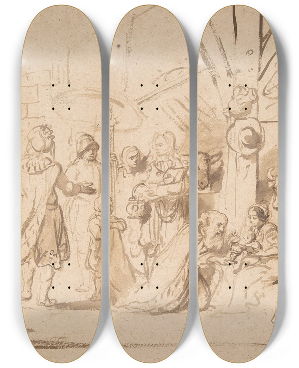 Triptych art skateboard deck of Nicolaes Maes The Adoration Of The Magi by Nicolaes Maes (1634-1693)