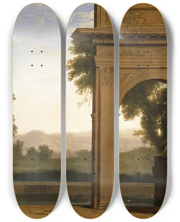 Triptych art skateboard deck of Henri Mauperch Classical Landscape With Figures by Henri Mauperche (1602-1686)