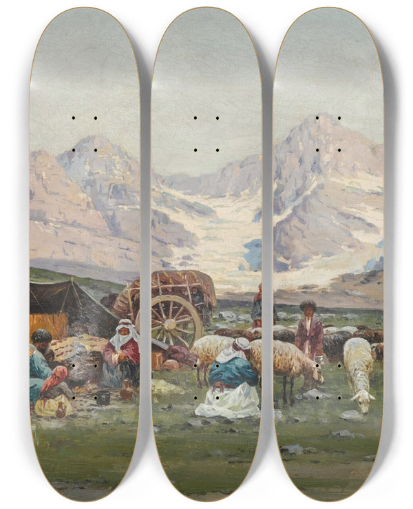 Triptych art skateboard deck of Richard Karlovich Zommer Camp In The Caucasus by Richard Karlovich Zommer (1866-1939)