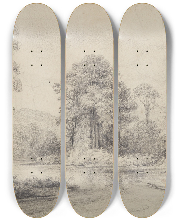 Triptych art skateboard deck of William Swainson Scene On The Hutt River by William Swainson (1789-1855)