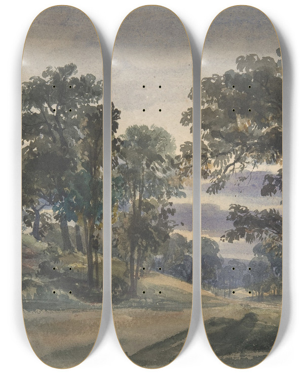 Triptych art skateboard deck of William Leighton Leitch A Parkland View At Dusk by William Leighton Leitch (1804-1883)