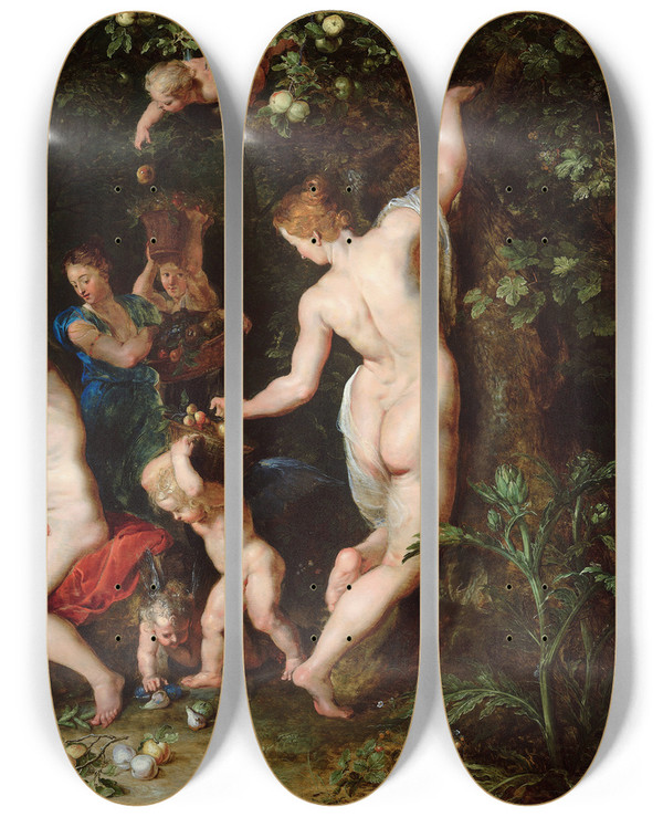 Triptych art skateboard deck of Peter Paul Rubens Nymphs Filling The Cornucopia by Peter Paul Rubens (1577-1640)