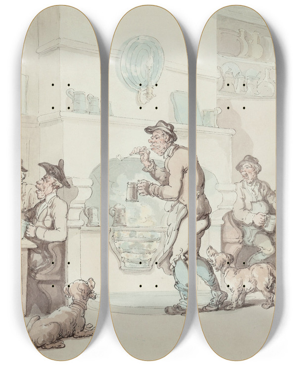 Triptych art skateboard deck of Thomas Rowlandson In The Tavern The Interior Of An Inn by Thomas Rowlandson (1756-1827)