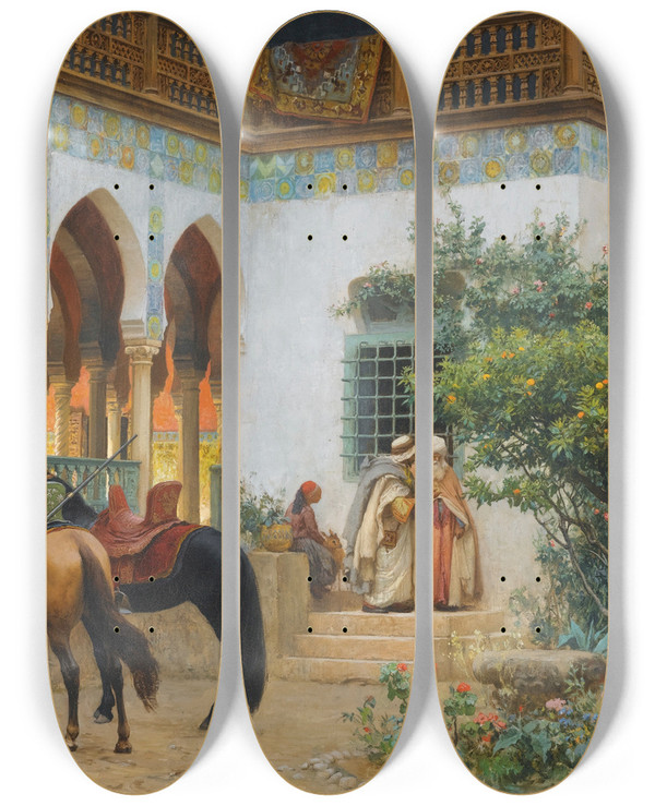 Triptych art skateboard deck of Frederick Arthur Bridgman A North African Courtyard by Frederick Arthur Bridgman (1847-1928)