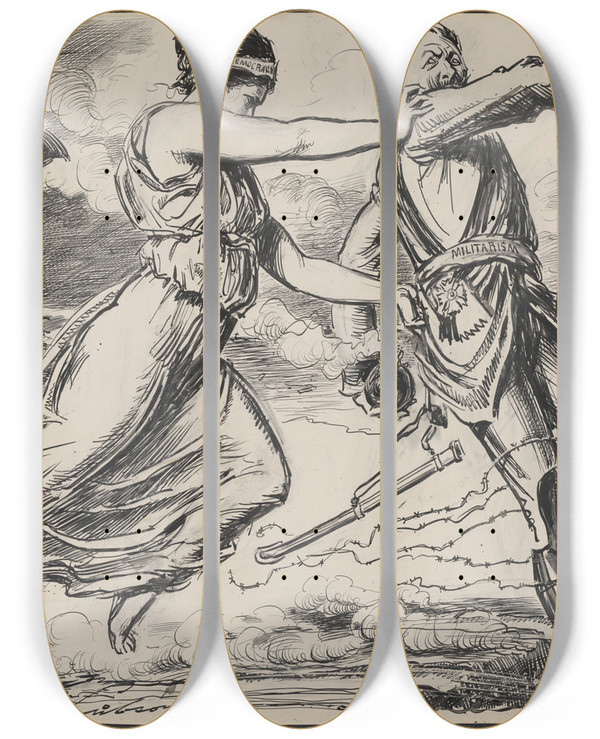 Triptych art skateboard deck of Charles Dana Gibson The Last Ditch by Charles Dana Gibson (1867-1944)