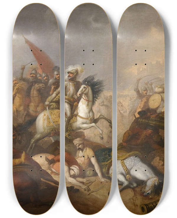 Triptych art skateboard deck of Franciszek Smuglewicz The Battle Of Khotyn by Franciszek Smuglewicz (1745-1807)