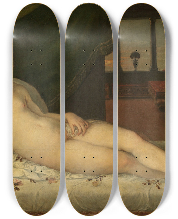 Triptych art skateboard deck of Lambert Sustris Reclining Venus by Lambert Sustris (1510-1560)
