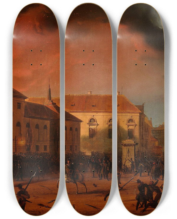 Triptych art skateboard deck of Marcin Zaleski Taking Of The Warsaw Arsenal by Marcin Zaleski (1796-1877)