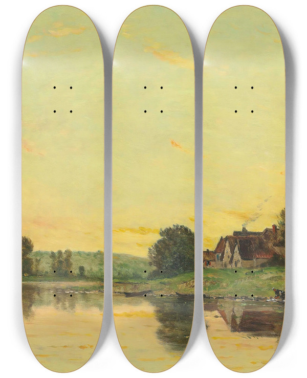 Triptych art skateboard deck of Hippolyte Camille Delpy Soleil Couchant Portejoie by Hippolyte Camille Delpy (1842-1910)