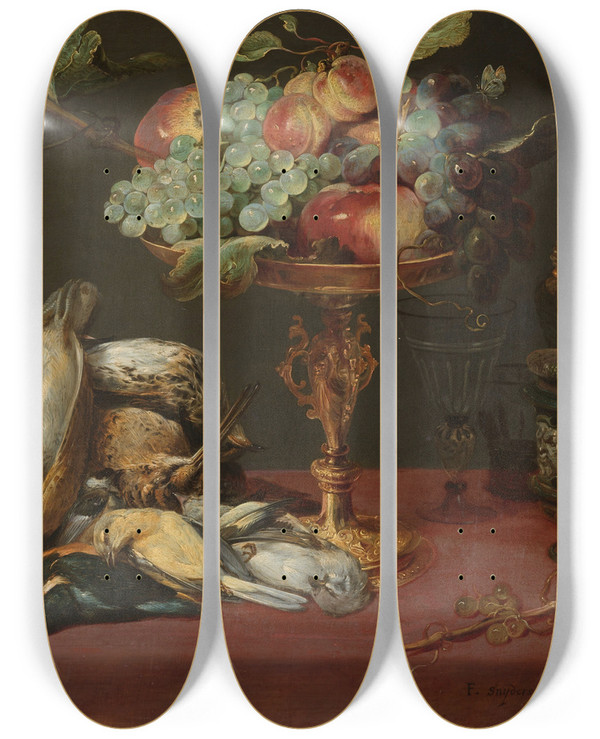 Triptych art skateboard deck of Frans Snyders Still Life With Dead Game Fruit And Vegetables by Frans Snyders (1579-1657)