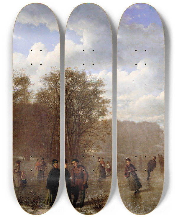 Triptych art skateboard deck of Johann Monglels Culverhouse Skating On The Wissahickon by Johann Monglels Culverhouse (1820-1891)