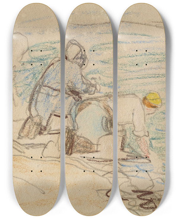 Triptych art skateboard deck of Alfred Sisley Les Lavandires by Alfred Sisley (1840-1899)